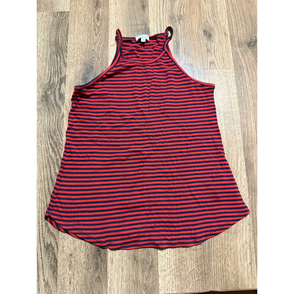 Splendid Shirt Womens Size Small Red Blue Striped High Neck Ribbed Sleeveless
